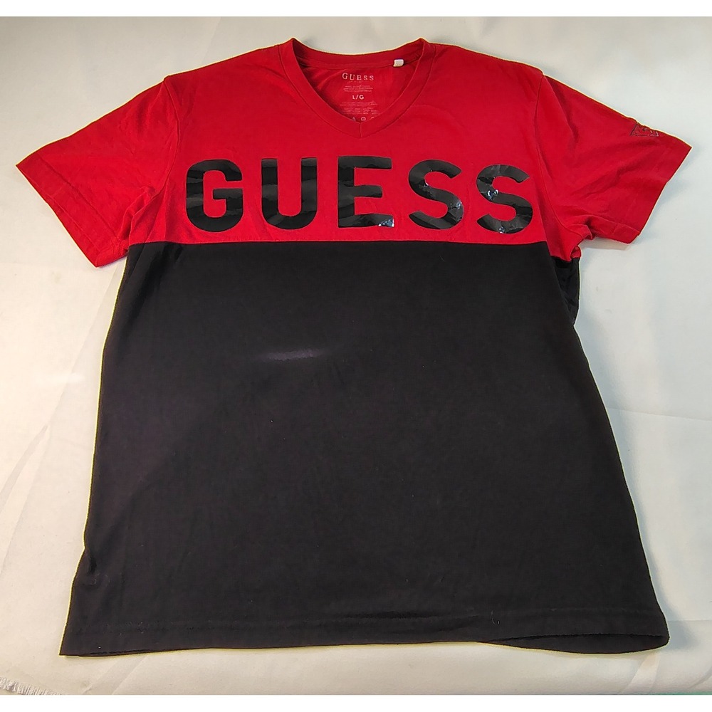 GUESS Mens V-Neck Colorblock Logo T-Shirt Red Black Size L Designer Fashion Y2K